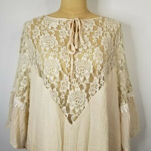 LADY NOIE Women's BoHo Peasant Top 2XL Ivory Lace 3/4 Flared Sleeve Keyhole Neck